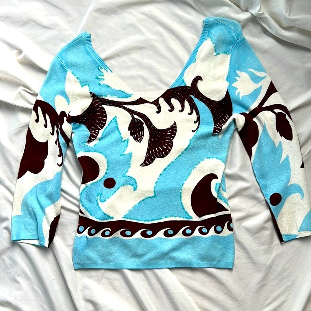 blue brown/white offthe shoulder summer sweater 3/4 sleeve beaded /sequins M